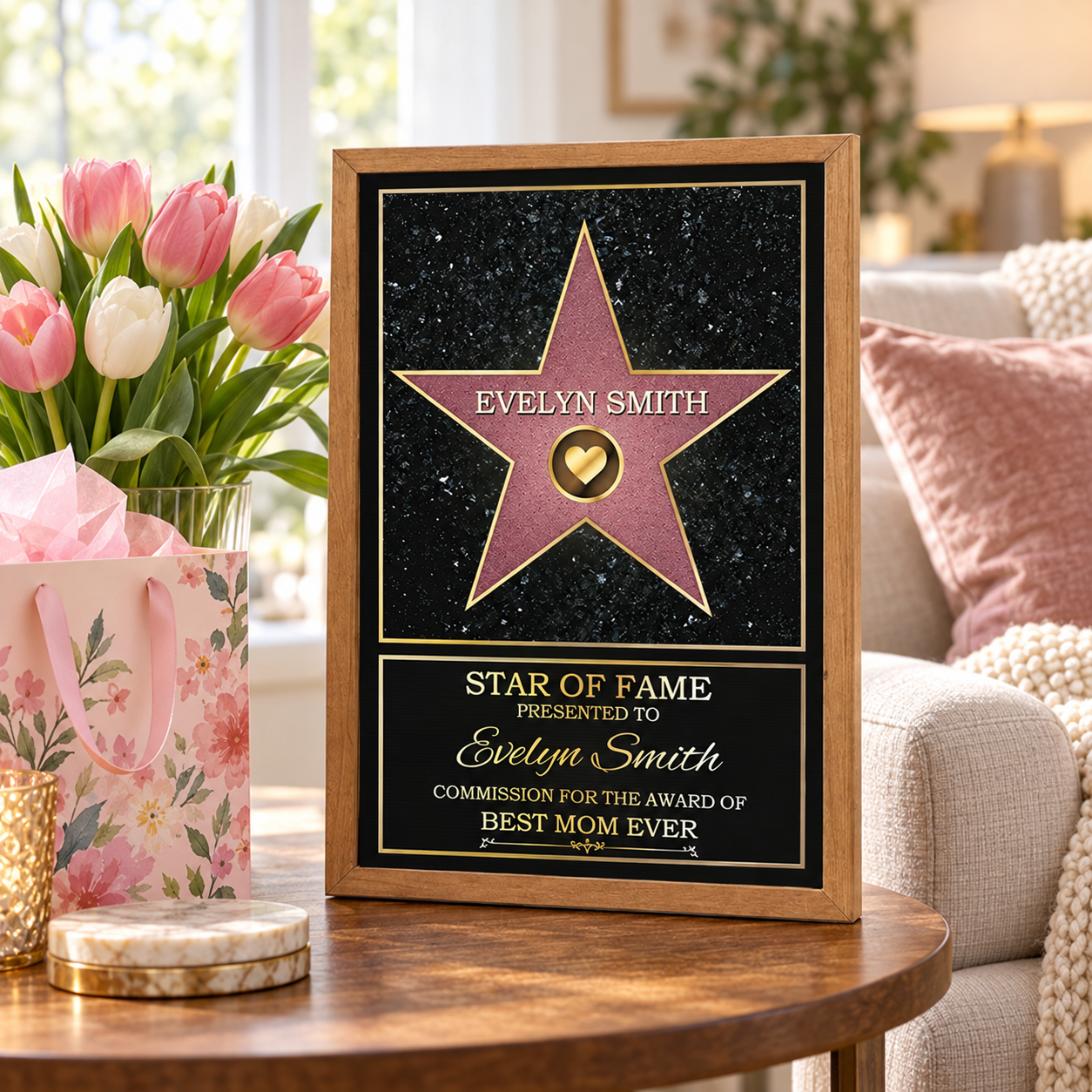 Personalized Star of Fame Best Mom Ever framed poster beside a Mother's Day gift bag and tulips