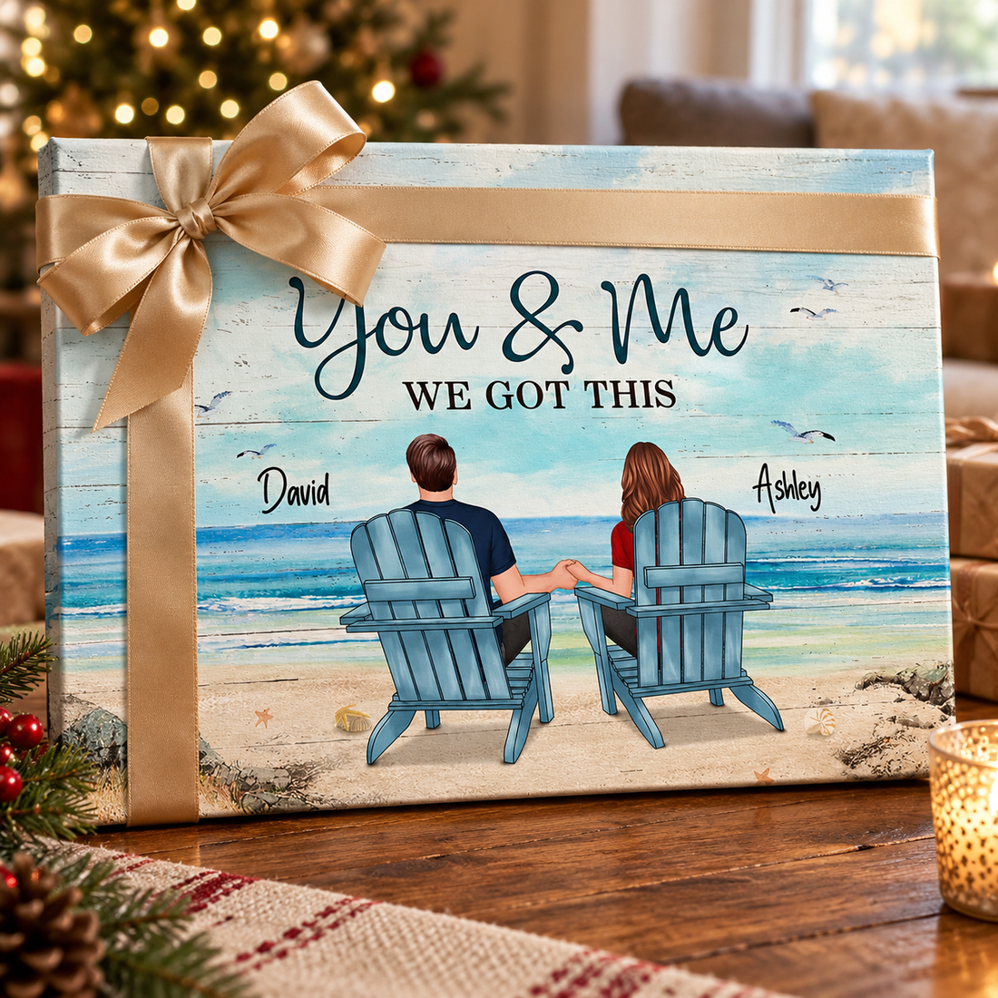Personalized beach couple poster wrapped as a gift with ribbon on a table