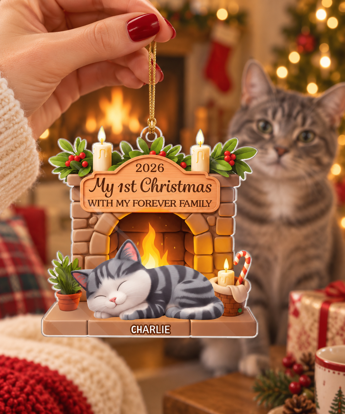 Hand holding a personalized cat fireplace ornament with a real gray tabby cat beside it