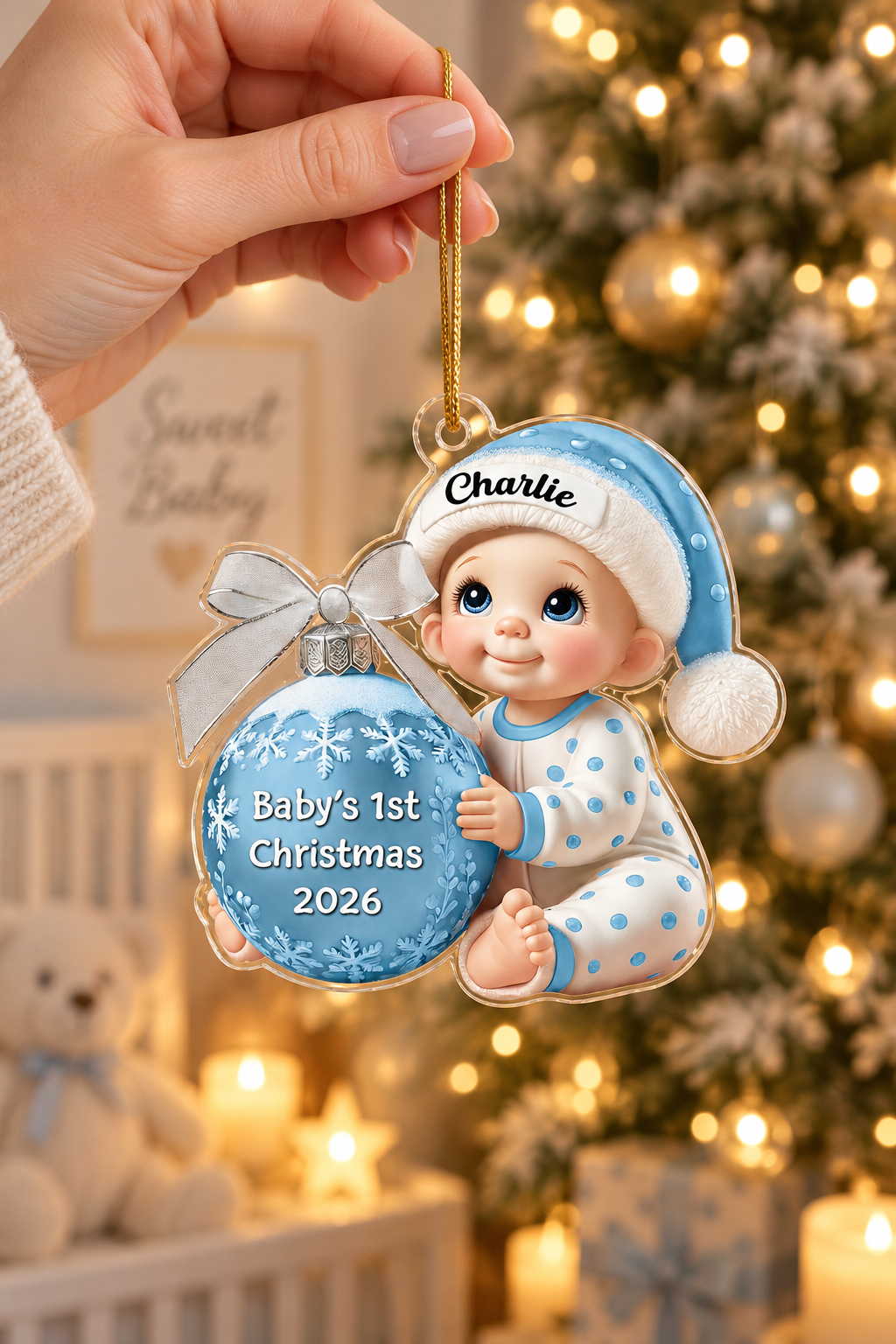 Hand holding a personalized Baby's 1st Christmas ornament by its gold cord in front of a lit tree