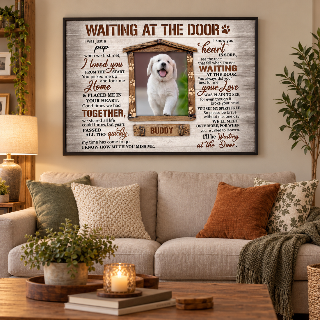 Personalized Waiting At The Door dog poster above a living room sofa