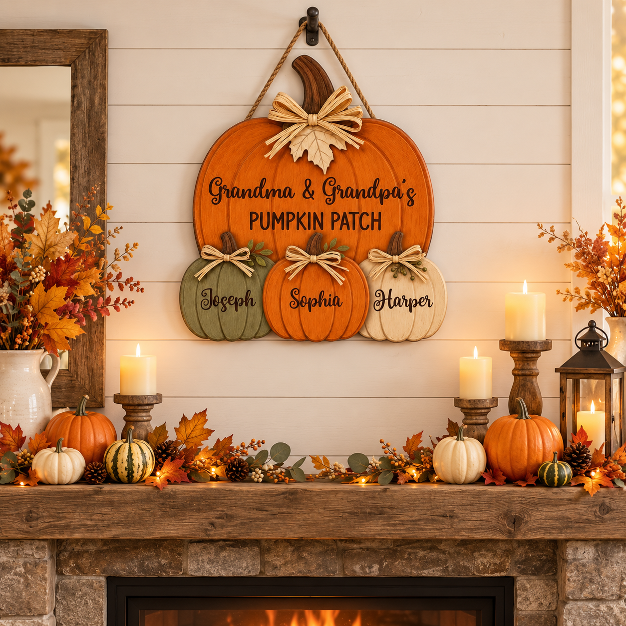 Custom pumpkin shaped wood sign with grandchildren names above a farmhouse fireplace mantel with fall decor