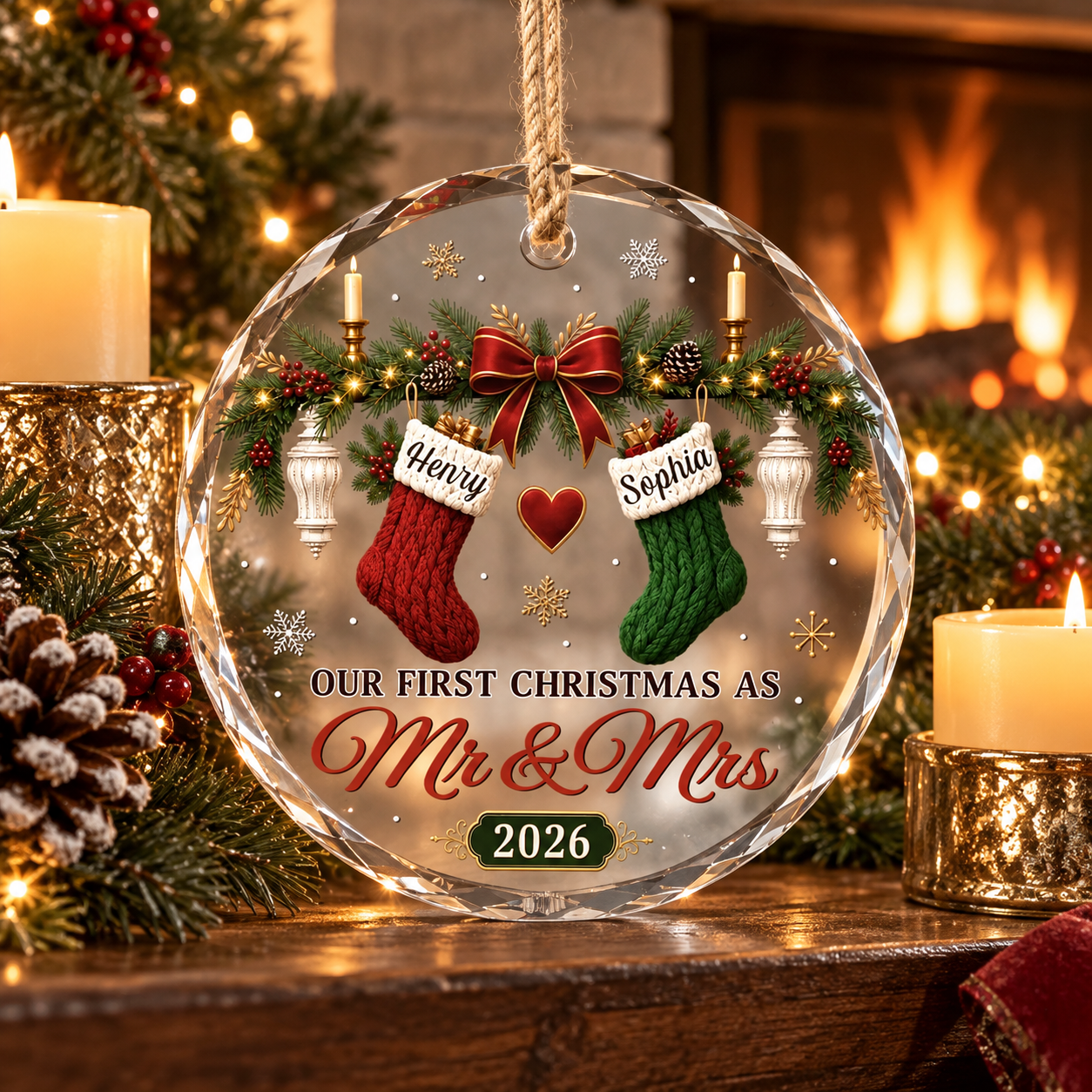 Personalized Mr and Mrs first Christmas glass ornament on a fireplace mantel with candles and garland