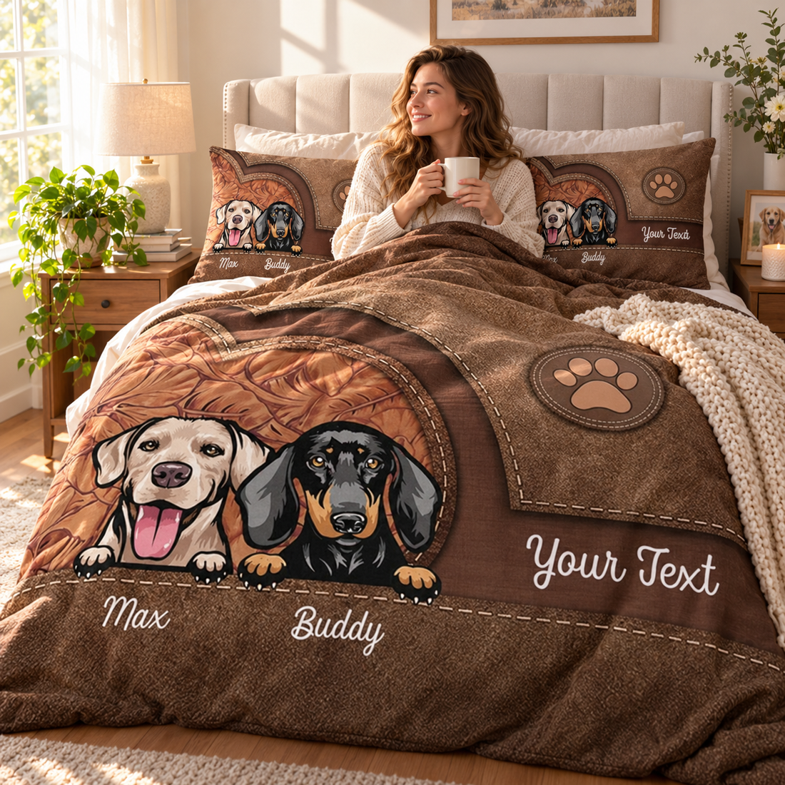 Woman relaxing under a personalized dog duvet on a bed with a coffee mug in morning light