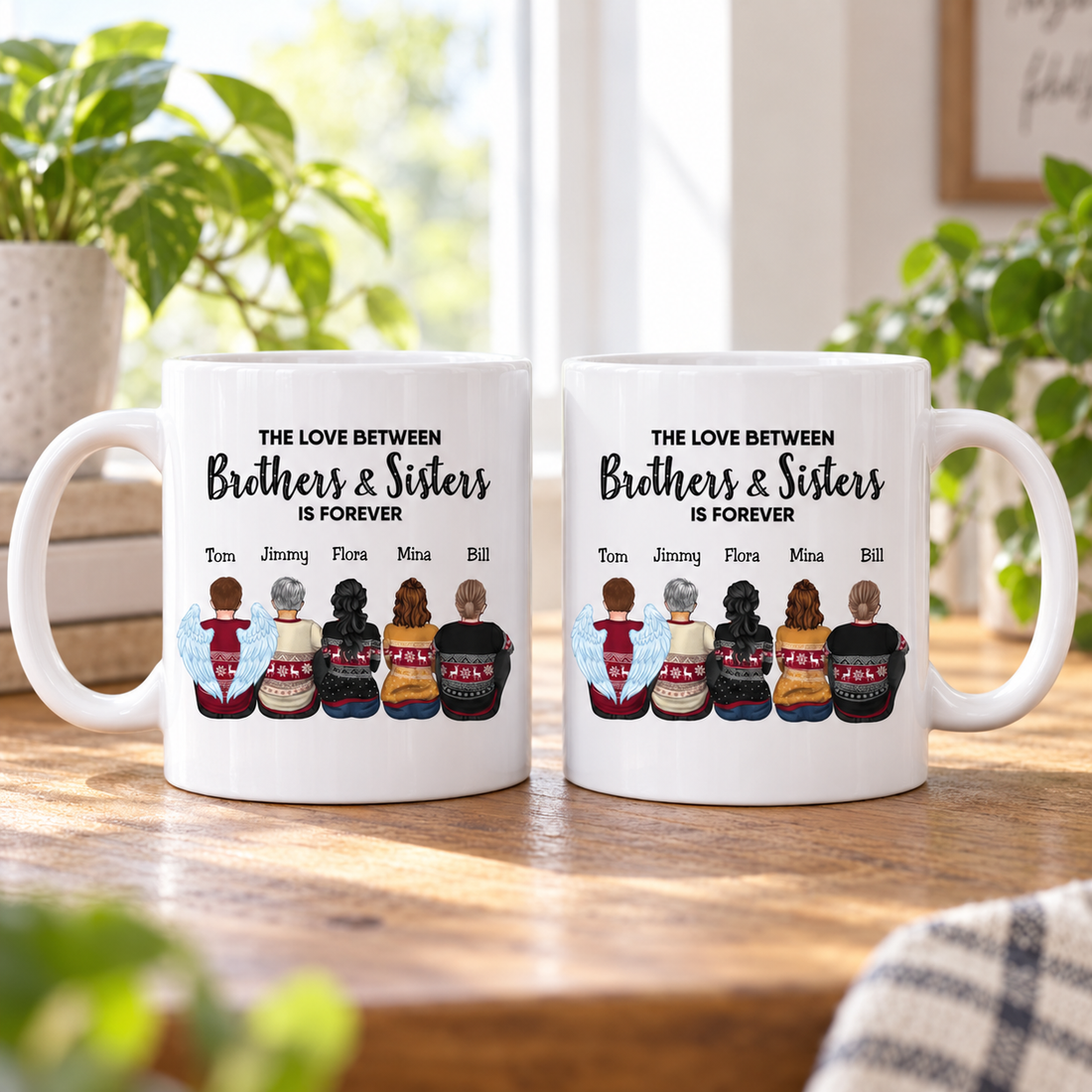 Two personalized brothers and sisters forever mugs side by side on a wooden table by a window