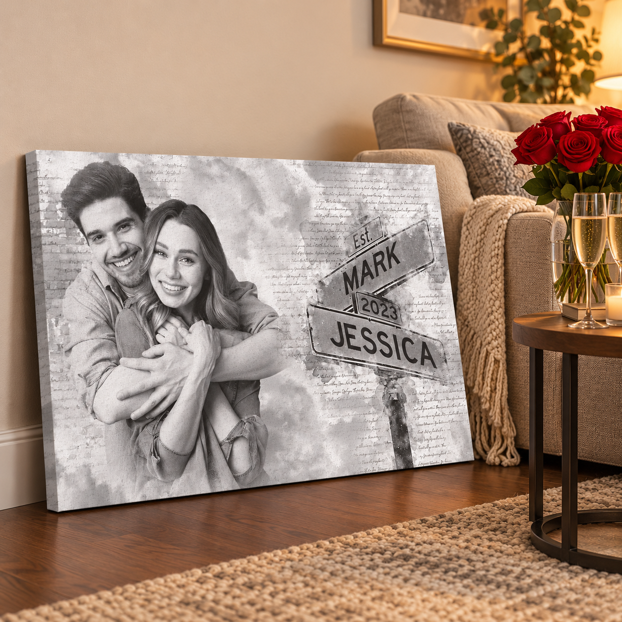 Black and white couple photo canvas with Est. street sign names leaning by a sofa with red roses and champagne