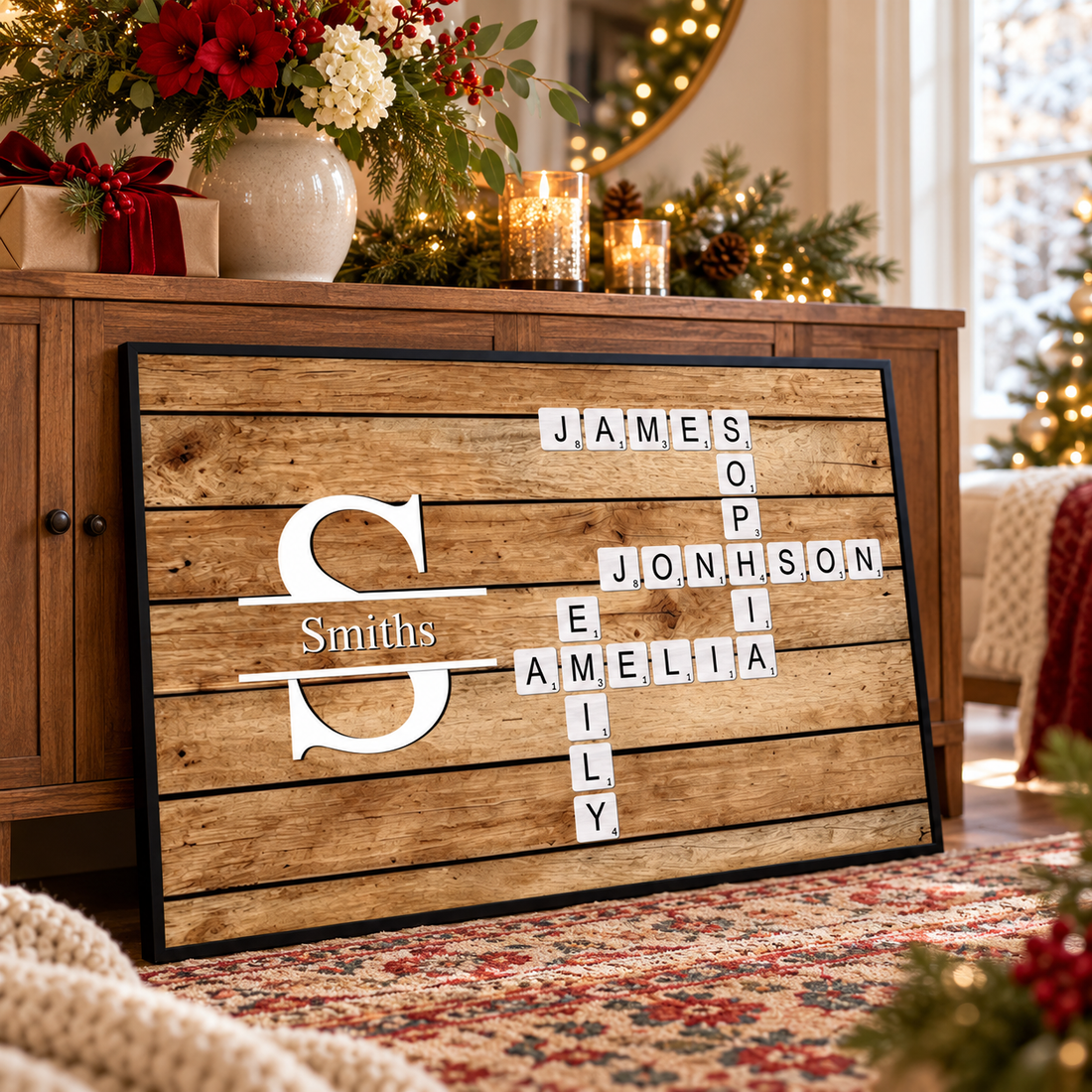 Custom rustic wood crossword family names poster on a sideboard with flowers and a Christmas gift