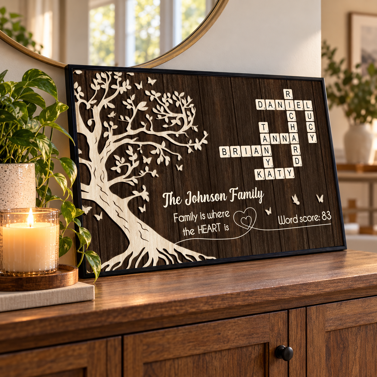Custom dark wood crossword tree of life poster leaning on a sideboard with a candle and plant