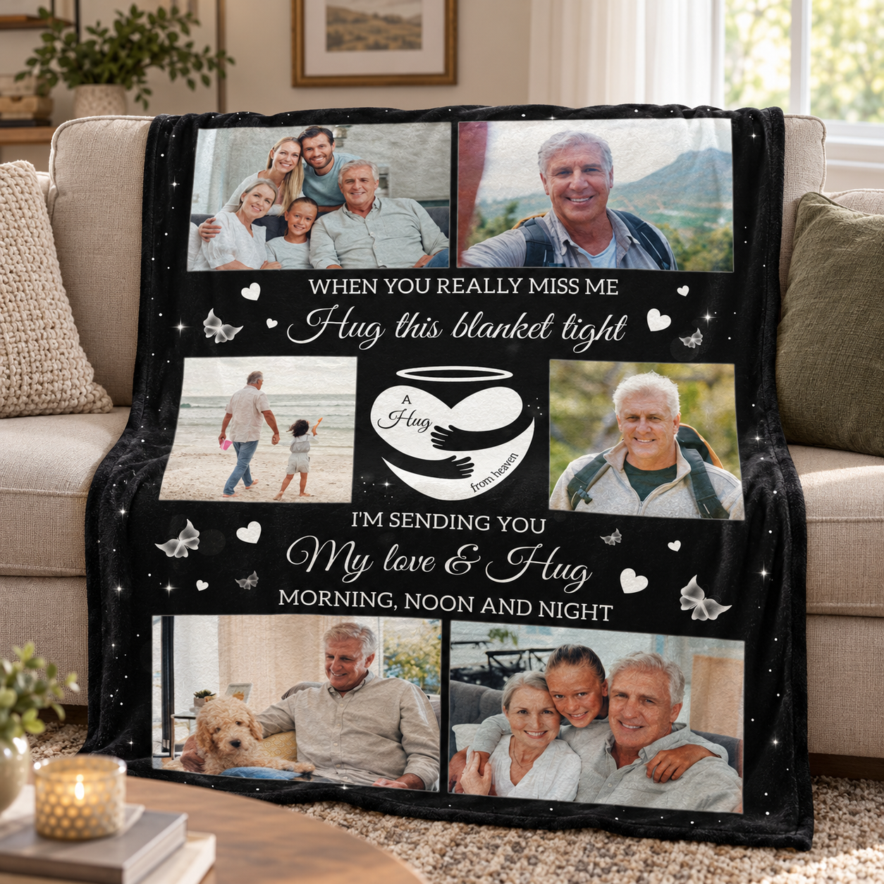 Custom photo memorial A Hug From Heaven blanket draped over a living room sofa