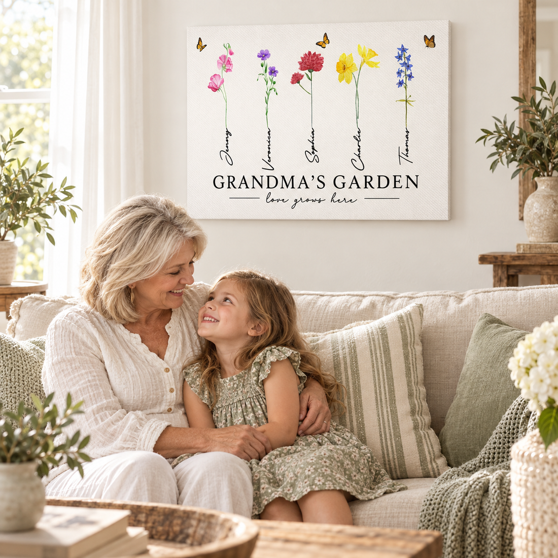 Personalized Grandma's Garden birth month flower canvas above a sofa with a grandma and granddaughter