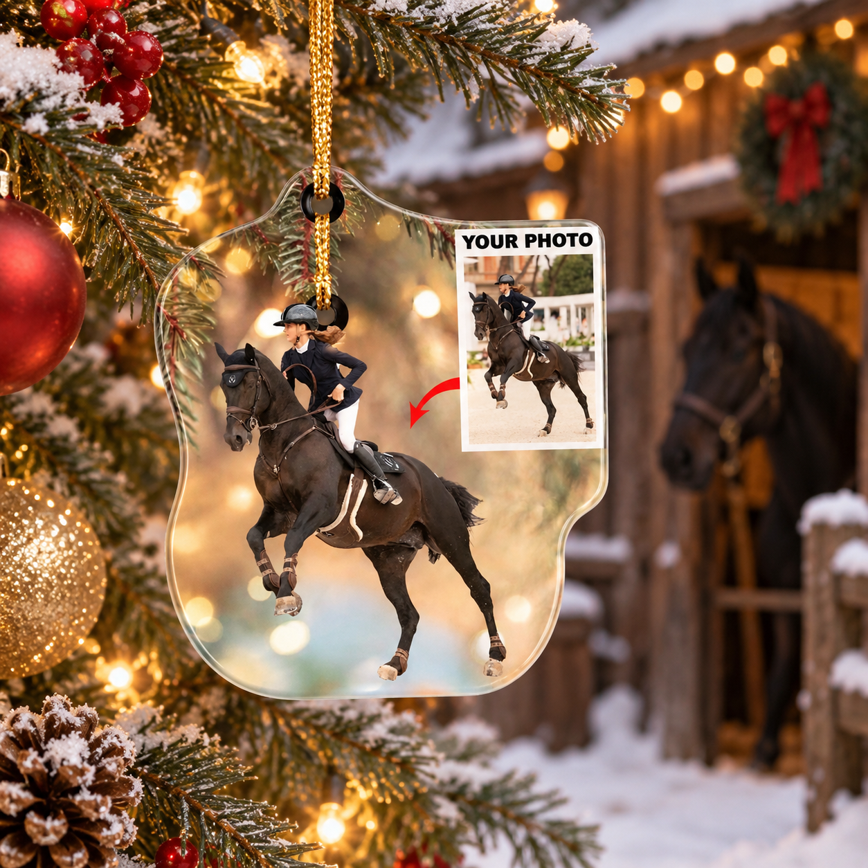 Custom horse photo acrylic ornament hanging on a Christmas tree with a horse in a snowy barn behind