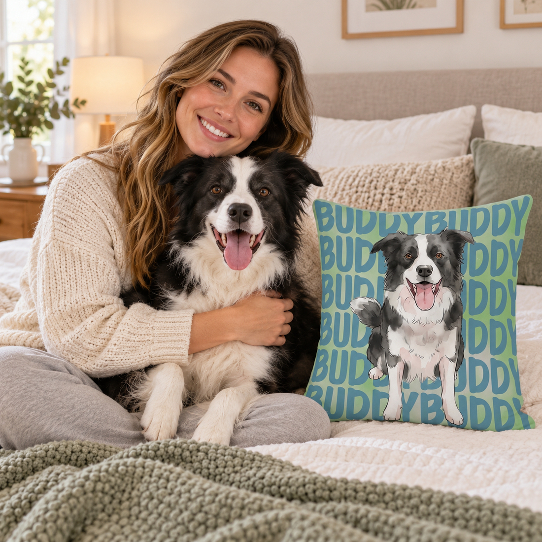 Smiling woman hugging a dog on a bed beside a personalized Buddy pet name pillow