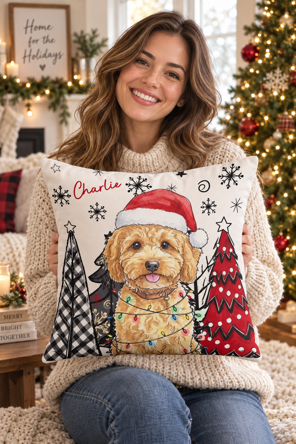 Smiling woman holding a personalized Christmas pet pillow with name Charlie by a Christmas tree