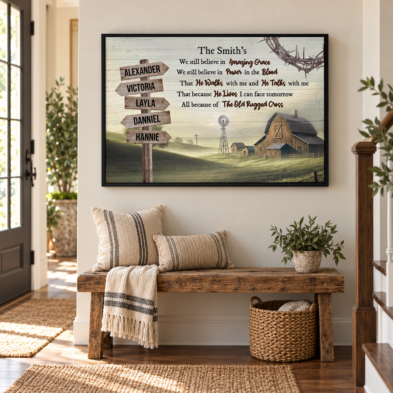 Amazing Grace farmhouse name sign canvas hung in a cozy entryway above a wooden bench