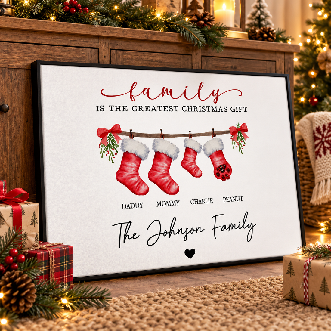 Personalized family stockings Christmas canvas on a sideboard with gifts and pine branches
