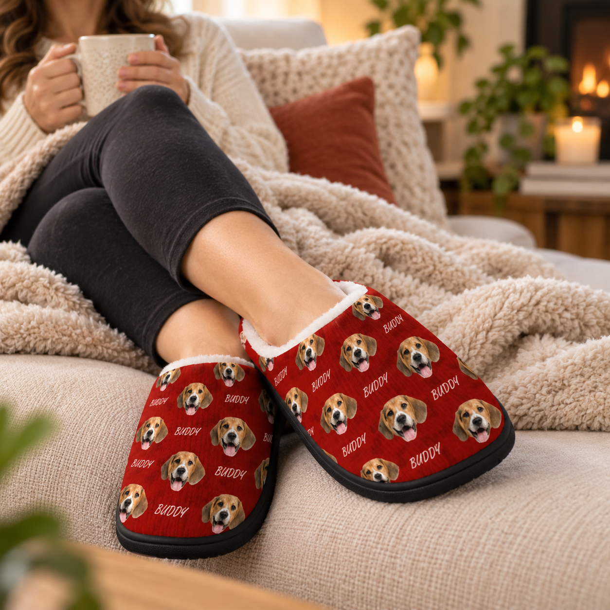 Woman relaxing in personalized red plush slippers with dog face print on a sofa