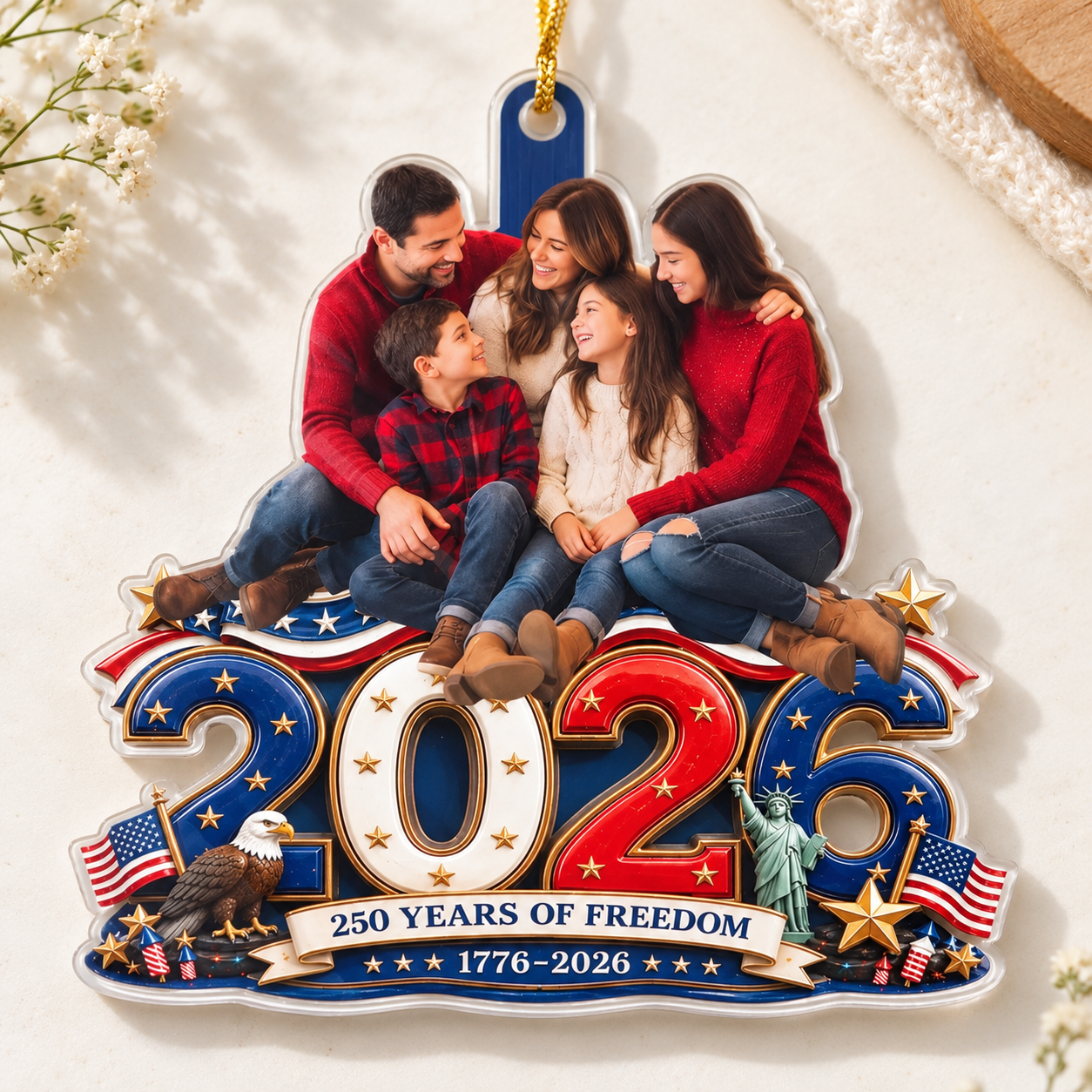 Close-up of Custom Photo Land Of Free Loved Family personalized acrylic ornament with patriotic '2026' design.