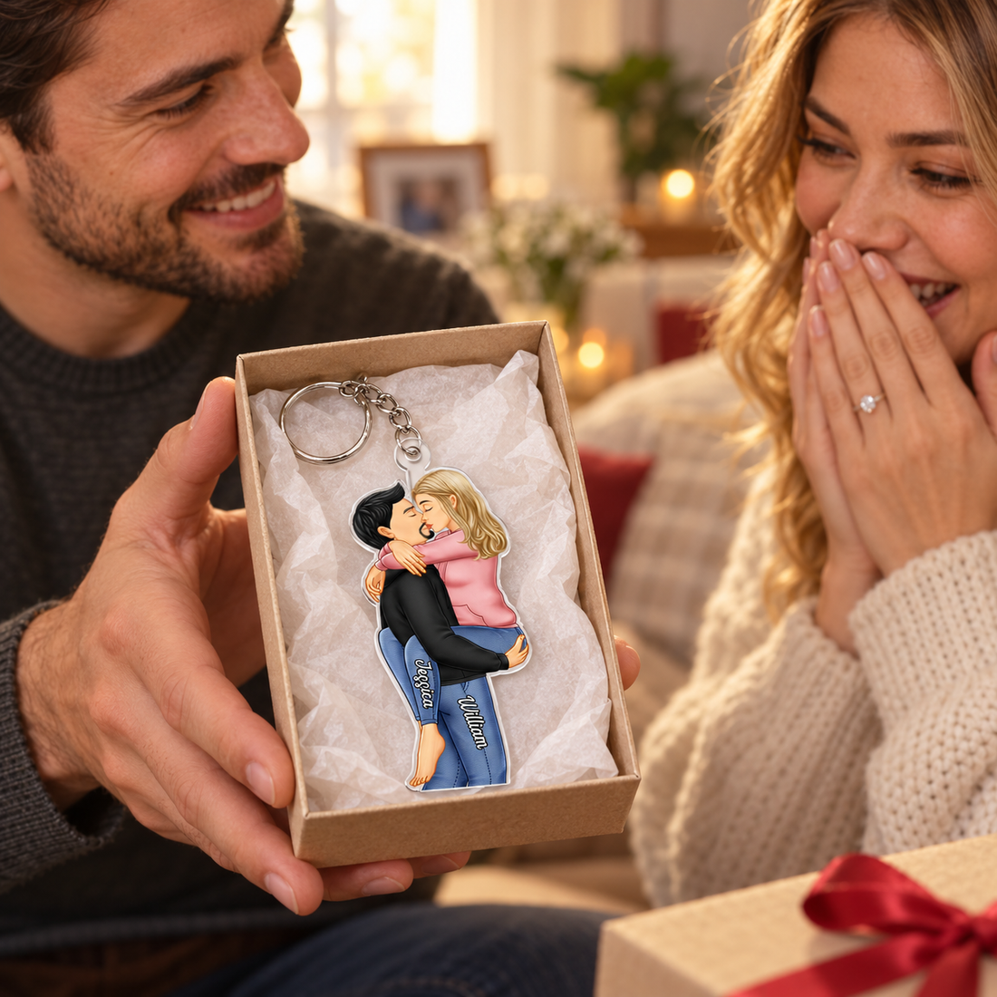 Husband surprising his wife with a kissing couple acrylic keychain in a gift box