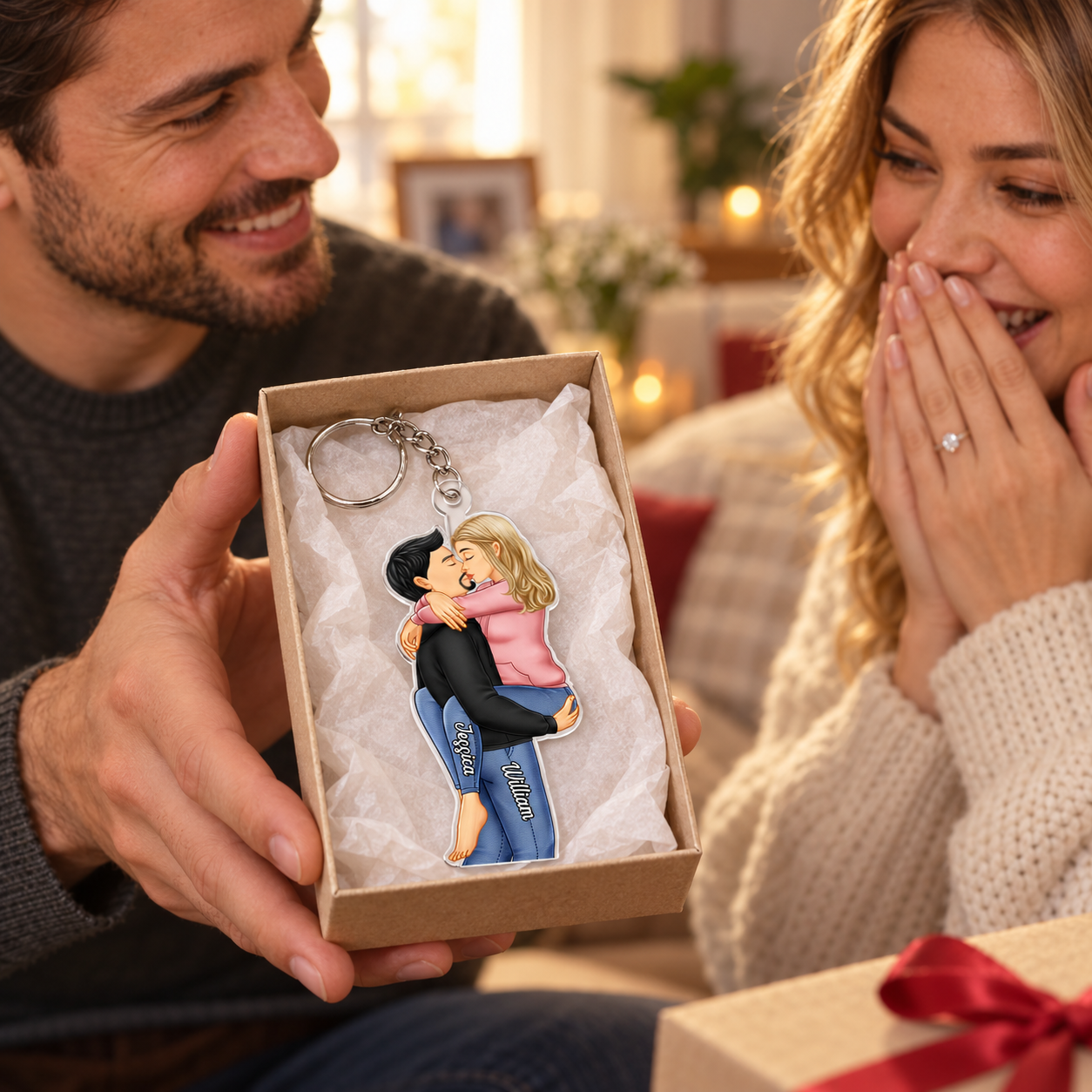 Husband surprising his wife with a kissing couple acrylic keychain in a gift box