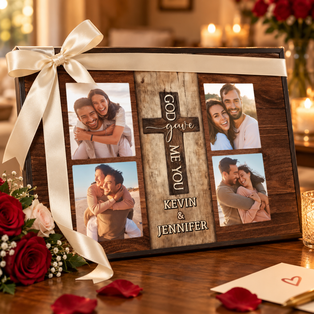 Personalized couple poster wrapped as an anniversary gift with ribbon and roses