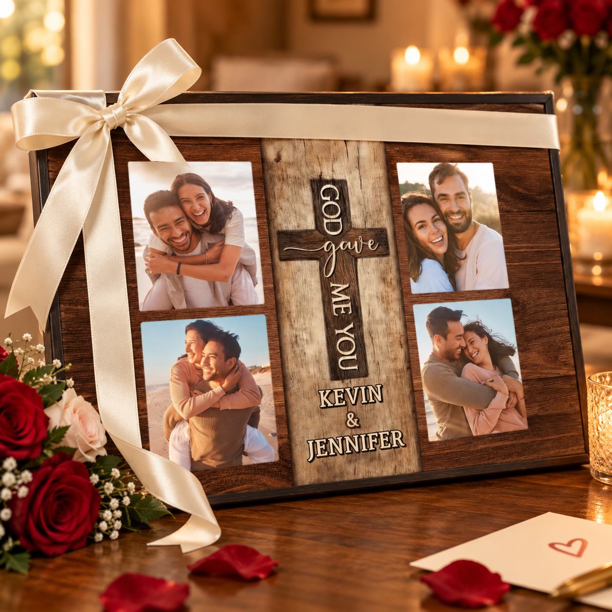 Personalized couple poster wrapped as an anniversary gift with ribbon and roses