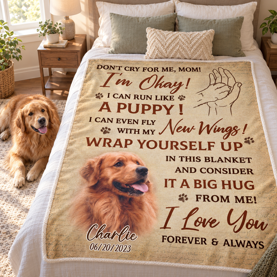 Custom pet memorial blanket with Don't Cry For Me poem and Charlie photo on a bed with a golden retriever beside it