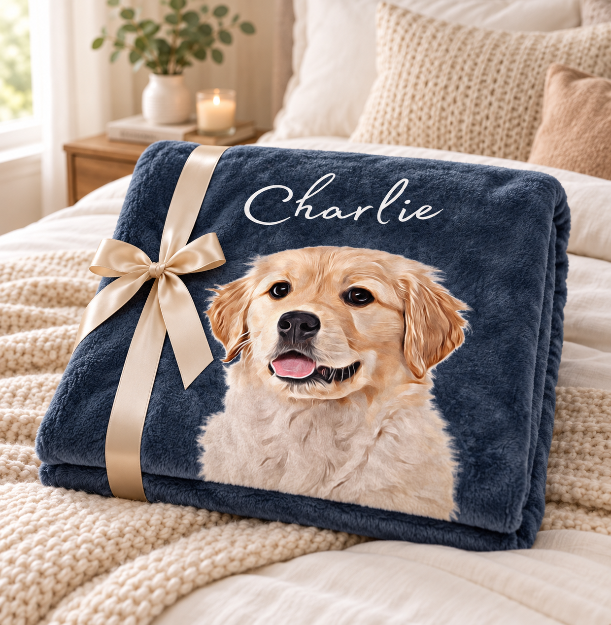 Folded personalized dog portrait blanket with name Charlie tied with a ribbon on a cozy bed