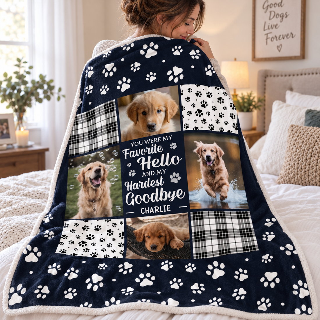 Woman holding a custom pet memorial photo blanket close on a bed in soft light