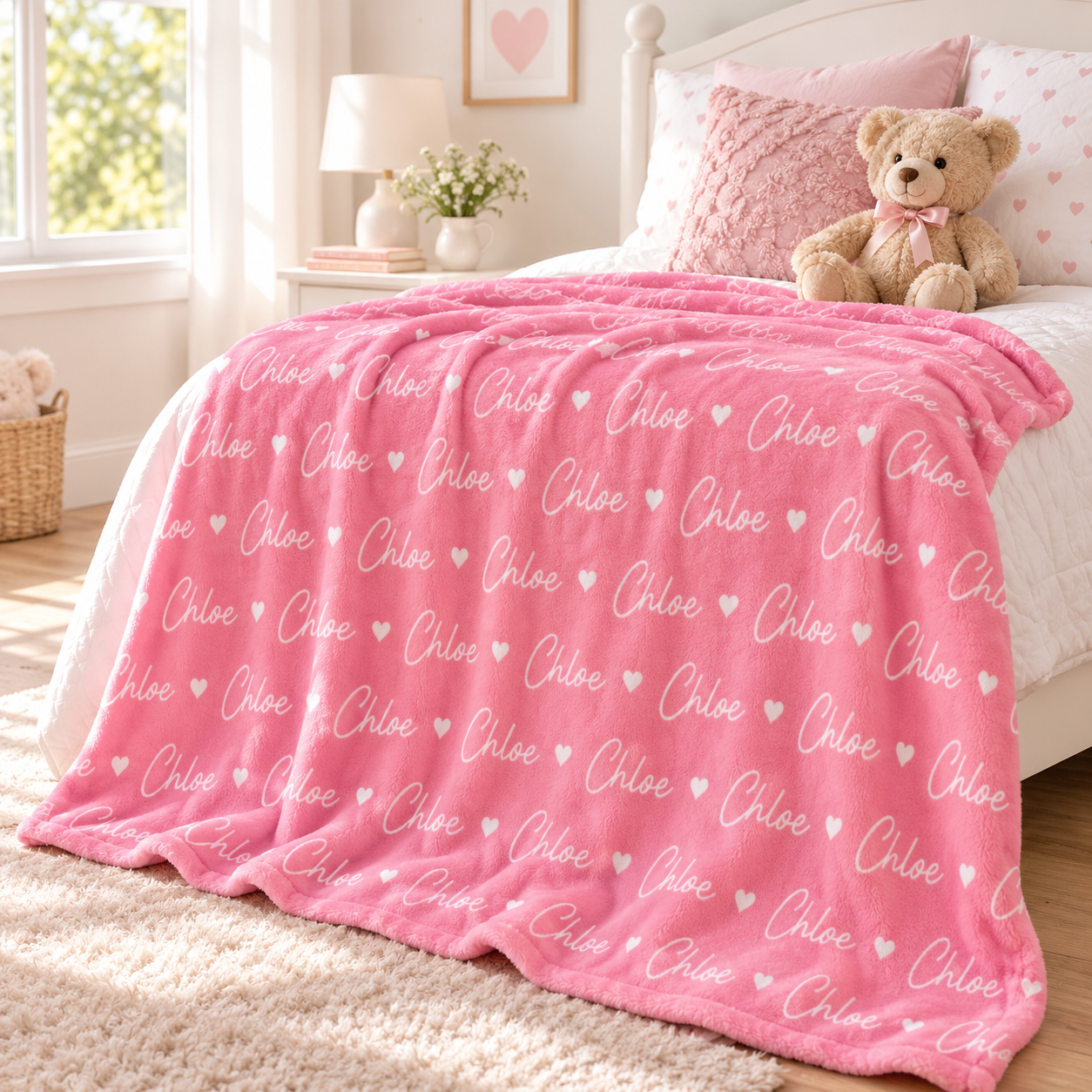 Pink personalized name fleece blanket with Chloe draped on a girl's bed with a teddy bear