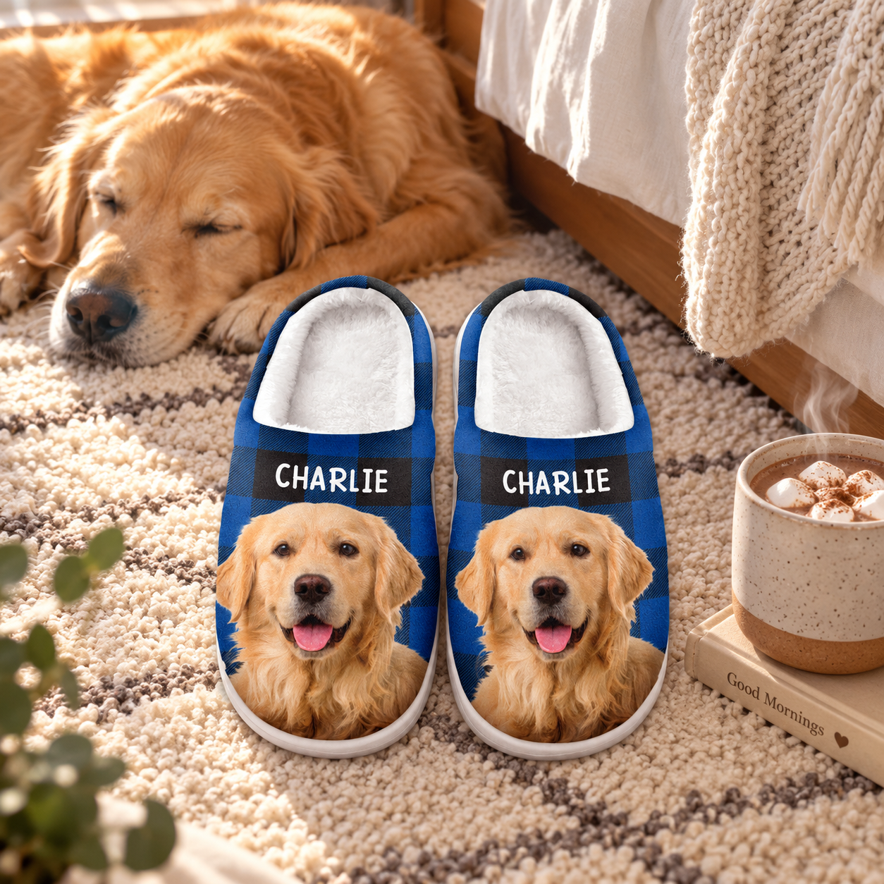 Cozy dog slippers on a bedroom floor next to a bed with a puppy