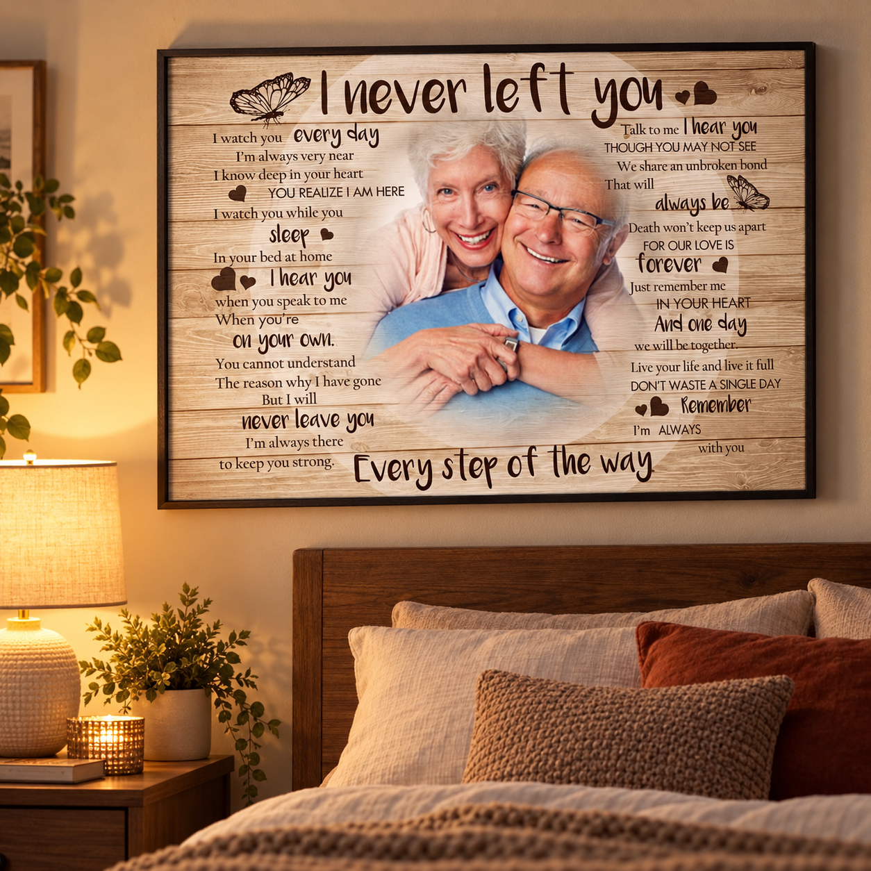 Personalized I Never Left You memorial poster hanging above a bedside table with a lamp