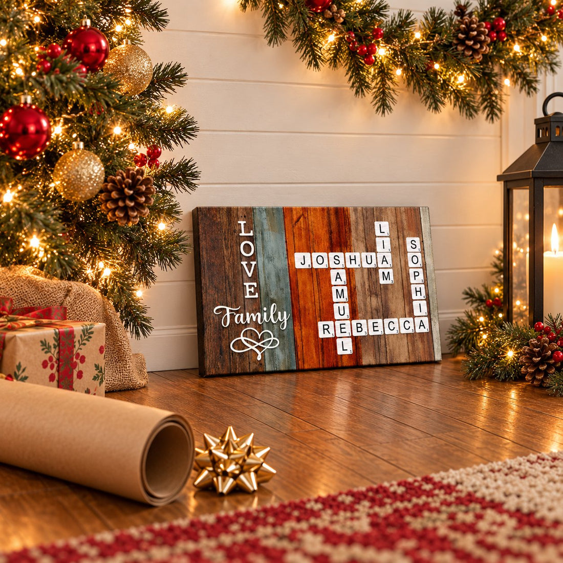 Personalized family name crossword canvas, small 12x8 in print leaning on a floor by a Christmas tree and gift paper