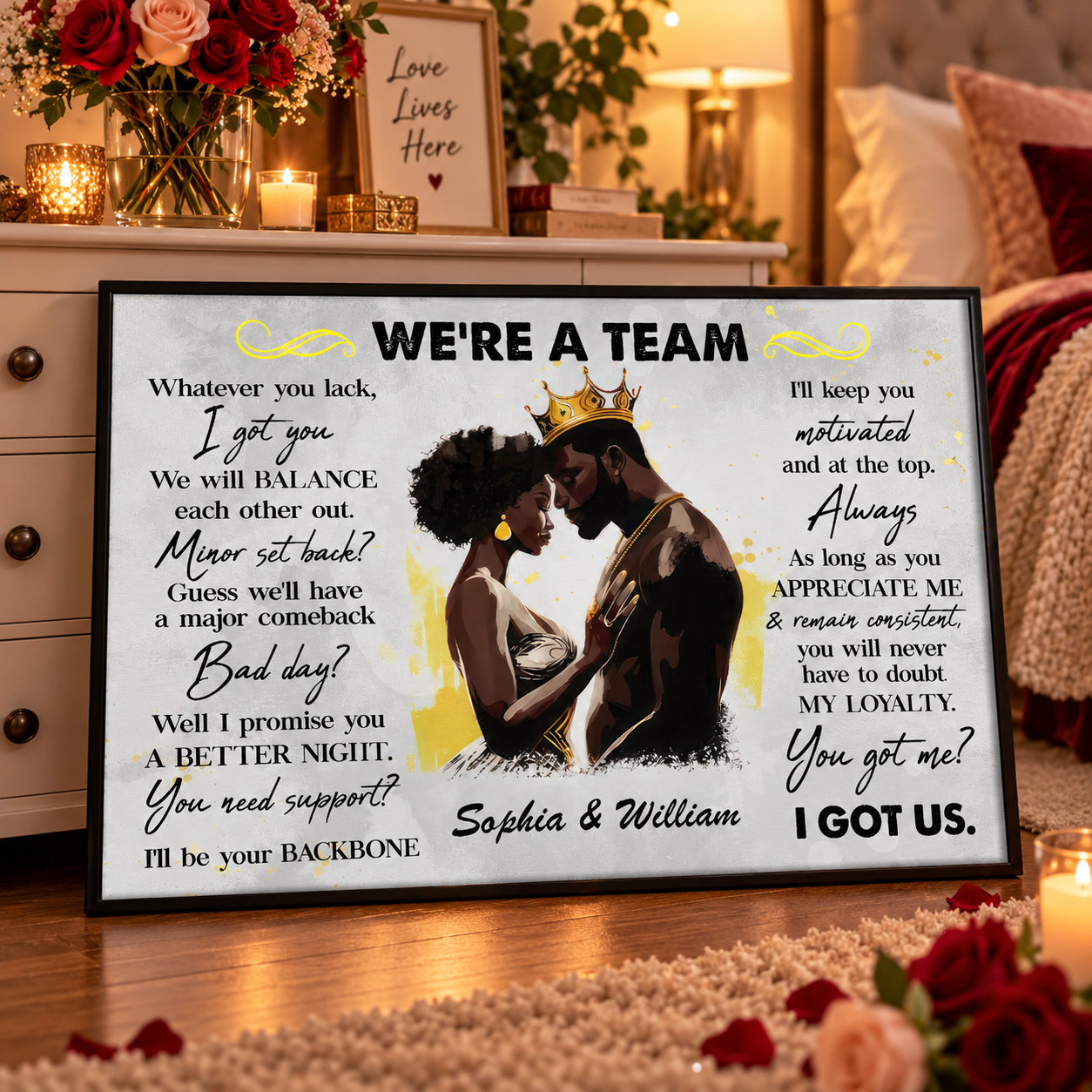 Custom We're A Team couple poster leaning on a dresser with red roses and candles