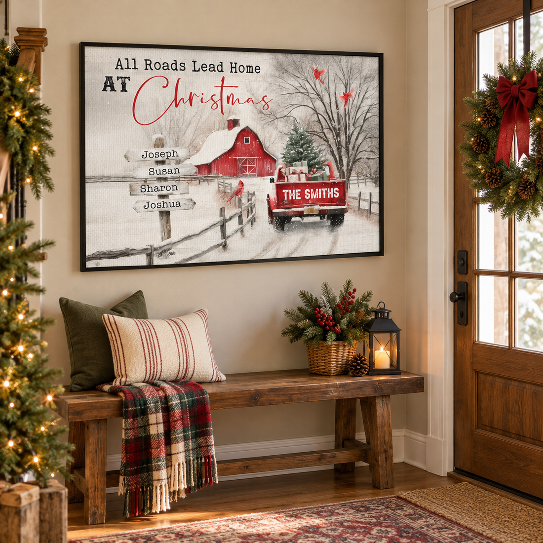 Personalized All Roads Lead Home At Christmas family signs poster above an entryway bench