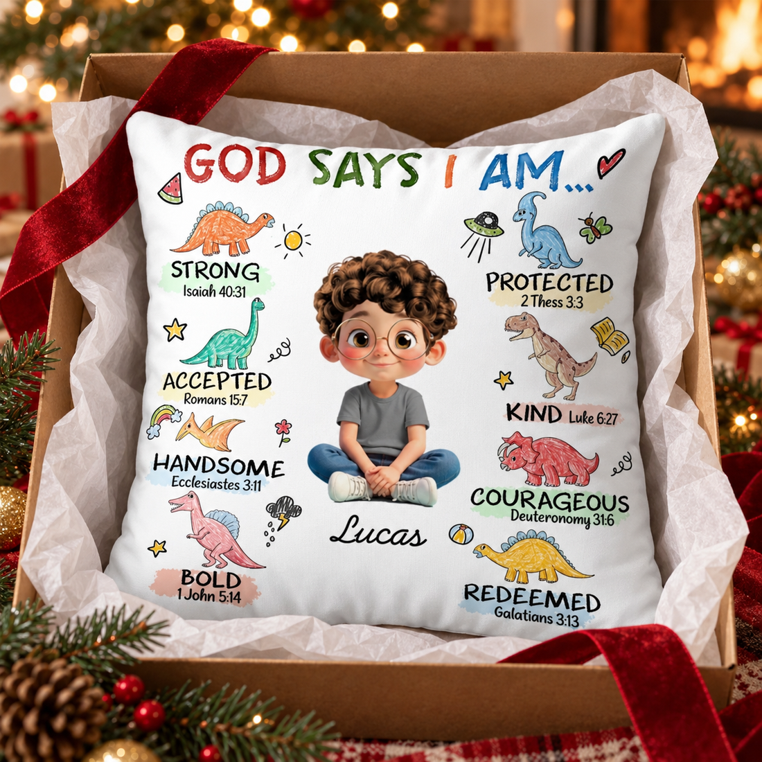 Custom God Says I Am dinosaur kid pillow in an open gift box with red ribbon and tissue paper
