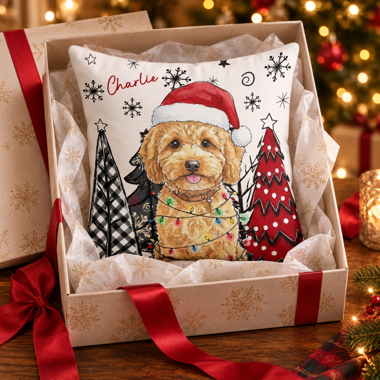 Personalized Christmas pet portrait pillow in an open gift box with red ribbon and tissue paper