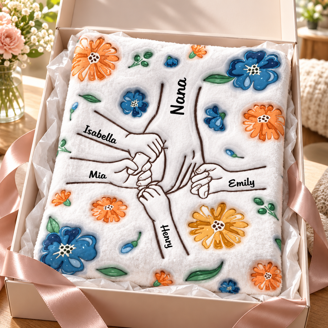 Personalized 3D floral hands names blanket folded in an open gift box with ribbon and tissue paper