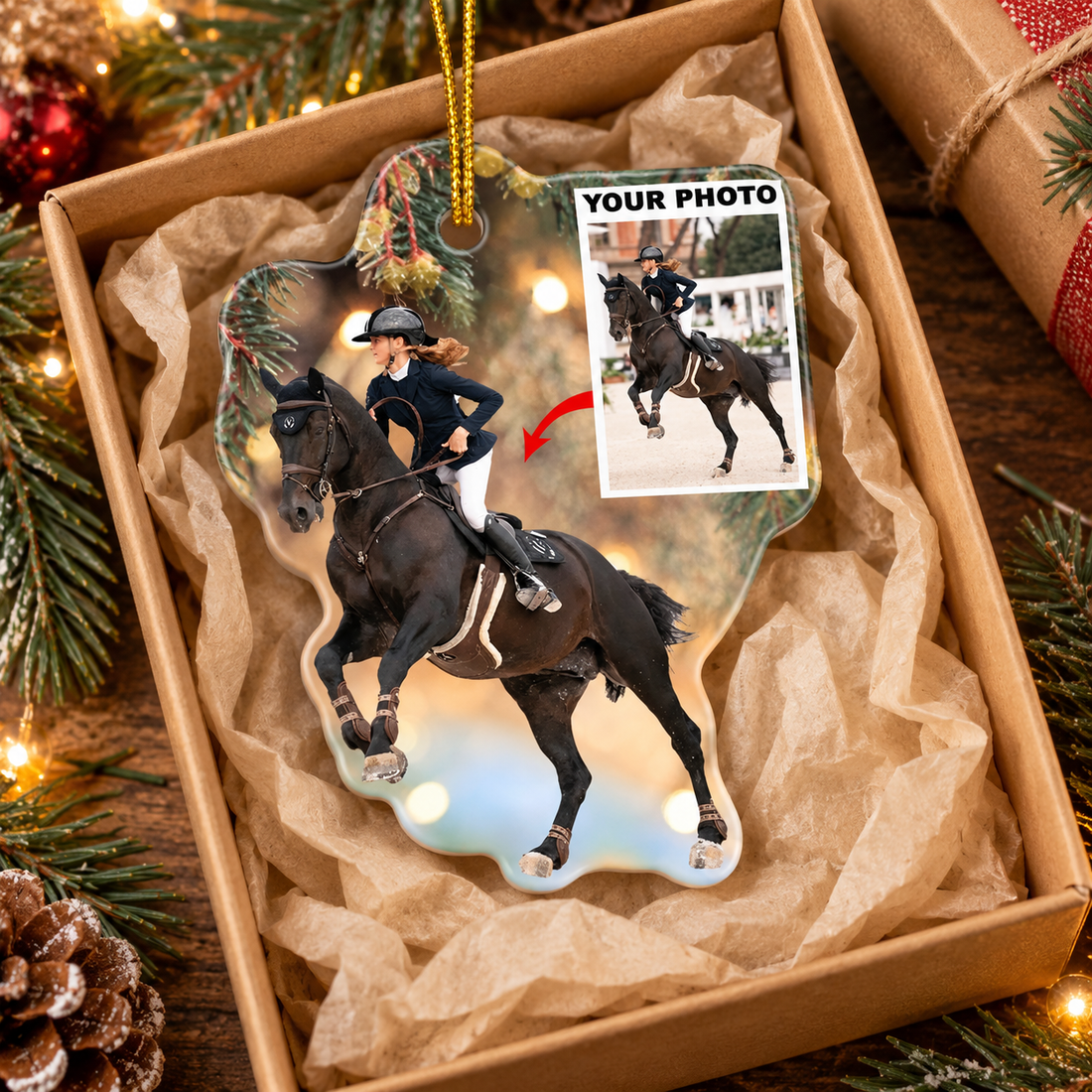 Custom horse photo ornament in a kraft gift box with tissue paper and pine sprigs