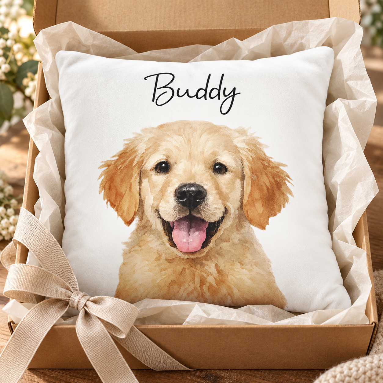 Custom watercolor pet photo pillow in a kraft gift box with tissue paper and ribbon