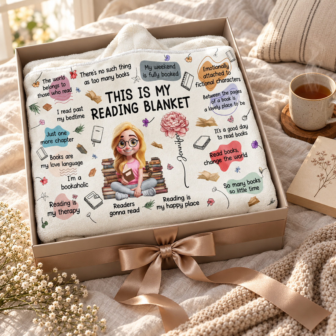 Book lovers hooded blanket with flowers folded in a gift box with a ribbon