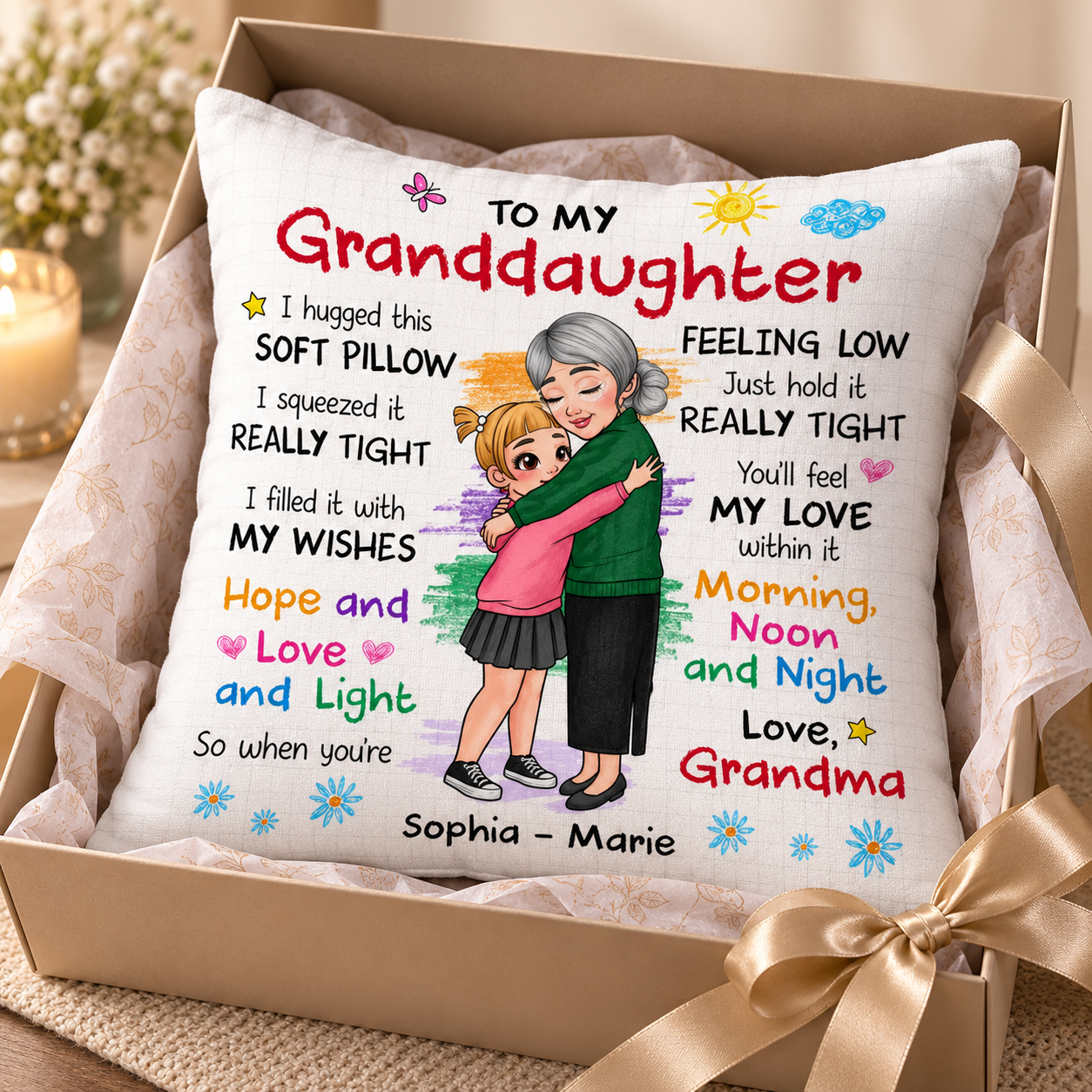 Custom To My Granddaughter hug pillow in an open gift box with a ribbon and tissue paper