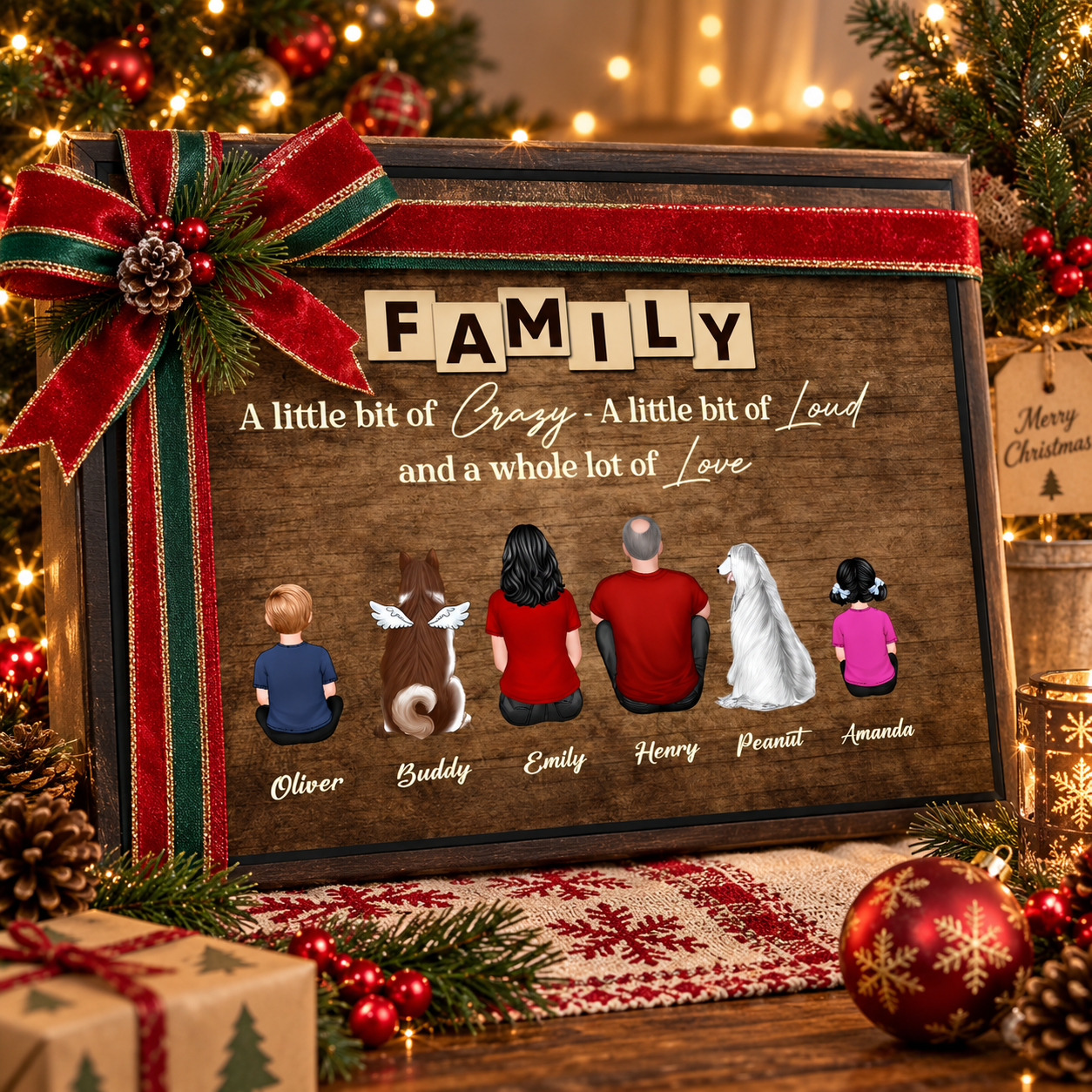 Brothers and Sisters Forever poster wrapped as a gift with ribbon beside Christmas decorations