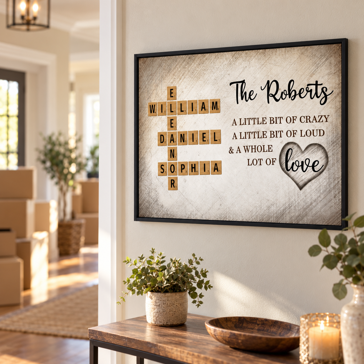 Personalized crossword family names poster in a bright new home hallway