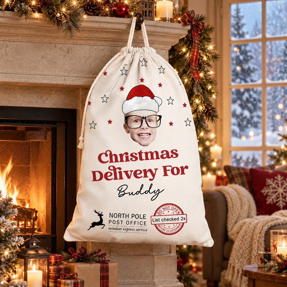 Custom Santa sack hanging on a fireplace mantel by a snowy window in a cozy living room