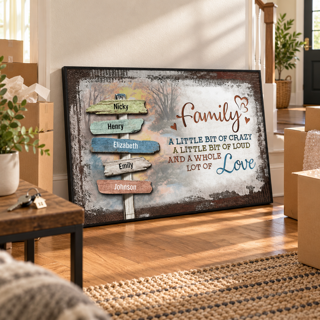 Personalized family names poster leaning against a wall in a new home as a housewarming gift