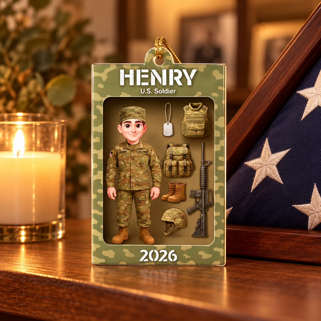 Personalized soldier ornament with name Henry standing on a shelf beside a folded flag case and candle