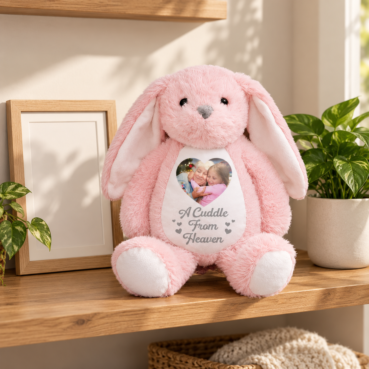 Personalized memorial plush bunny with heart photo window on a wooden shelf beside a frame and a plant