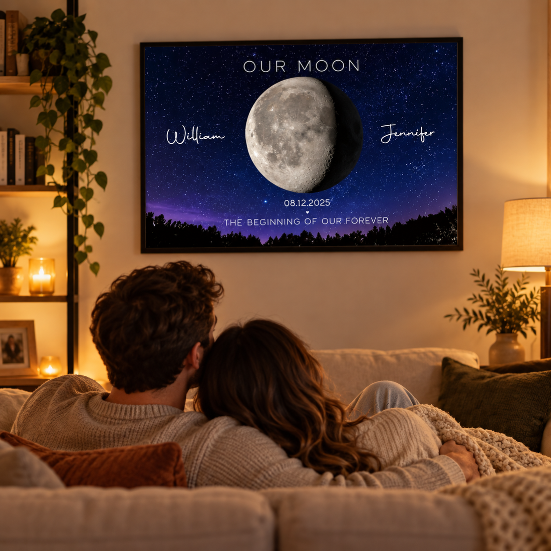 Personalized Our Moon phase poster above a sofa with a couple sitting close