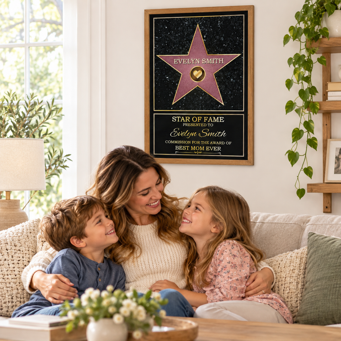 Custom Star of Fame Best Mom Ever poster above a sofa with a smiling mom and two kids