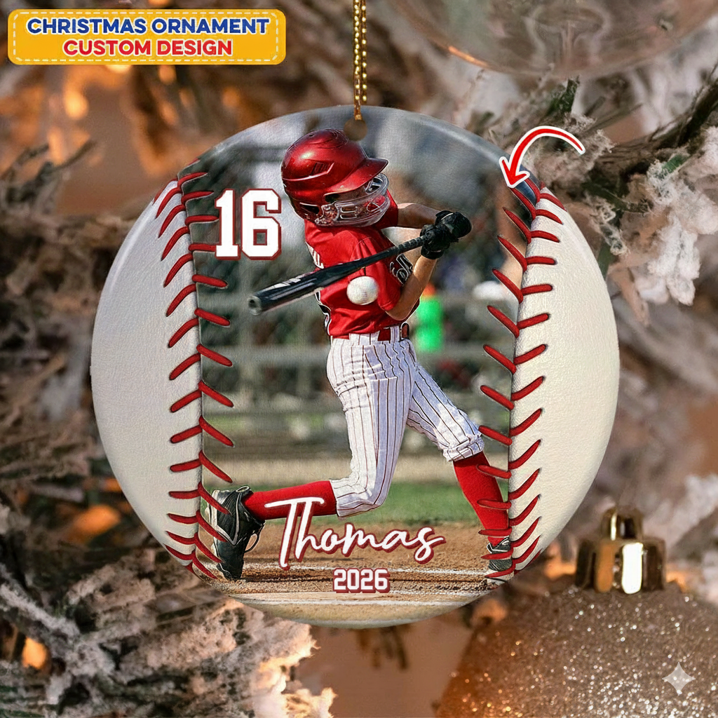 Custom Photo Baseball Christmas - Personalized Ceramic Ornament - Christmas Gift for Baseball Player, Baseball Lover, Son/Daughter, Grandkids